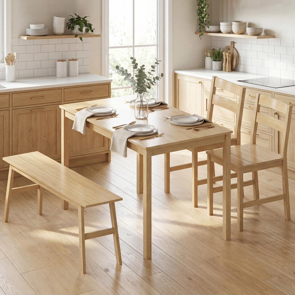 ESSGRUPPE aus Bambus, Esstisch mit 2 Stühlen und Bank für 4 Personen, Naturholz - Naturfarben, Holz (118/74/70cm)