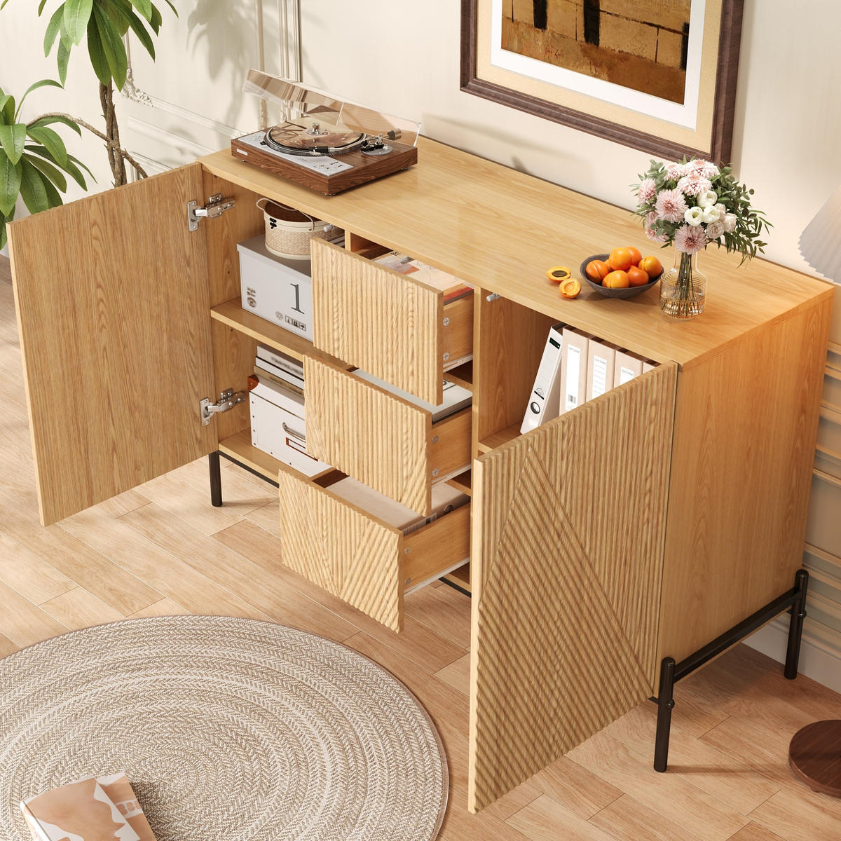 SIDEBOARD 115,5/40/76 cm in Natur mit 2 Türen und mittiger Schublade - Naturfarben, Holzwerkstoff (115.5/76/40cm) - Flora Grace