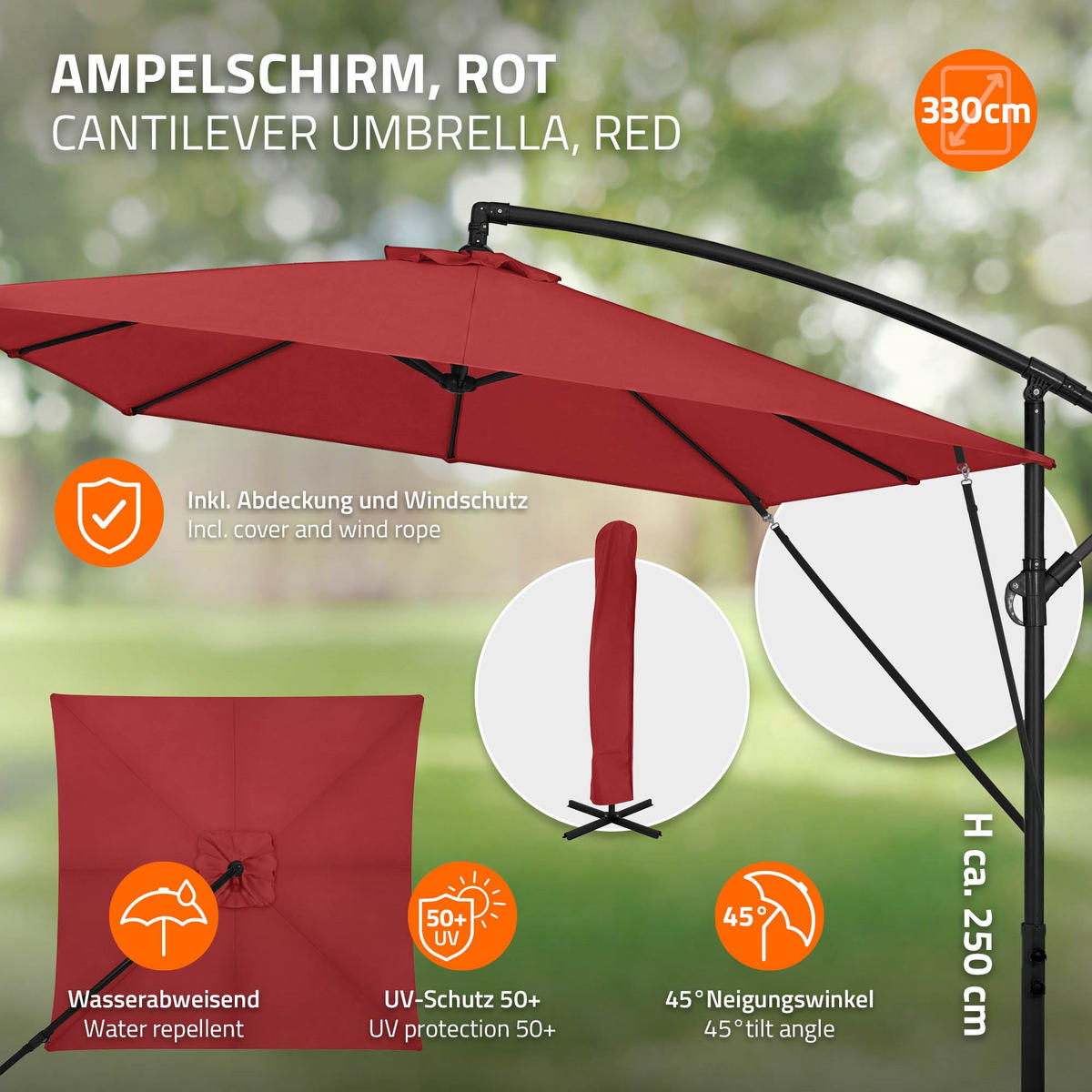 AMPELSCHIRM Ø 330 cm in Rot aus Aluminium - Rot, Metall (330/330cm) - ML-DESIGN