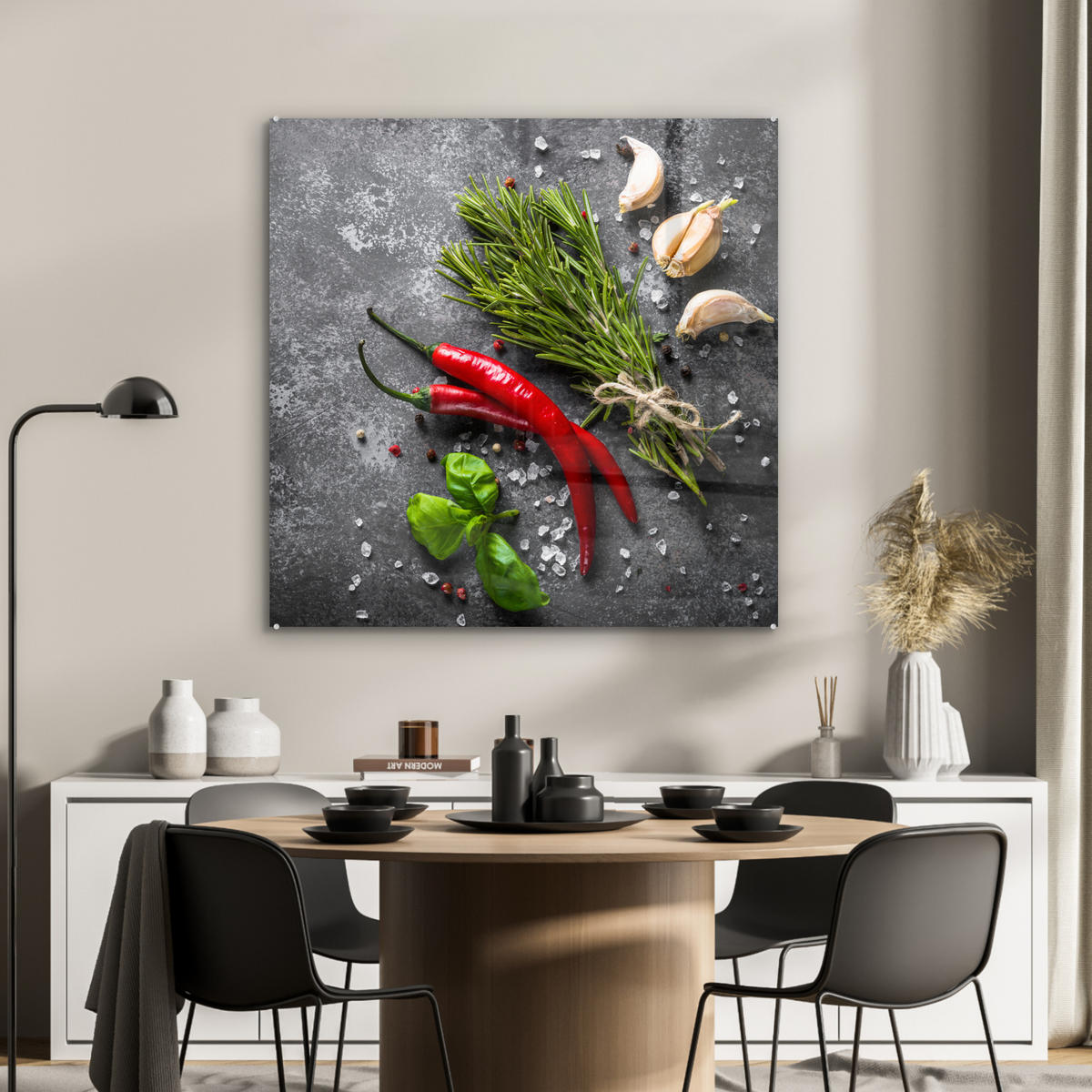 OBRAZ NA AKRYLOVOM SKLE Korenie - bylinky - korenie - betón 90x90 cm - tmavosivá, sklo (90/90cm) - MuchoWow