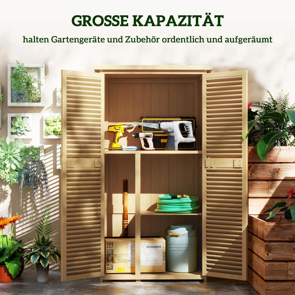 GARTENSCHRANK Holz, 4 Fächer, mit Asphaltdach, hellgelb - Gelb, Holz (87/160/46.5cm) - Kaket