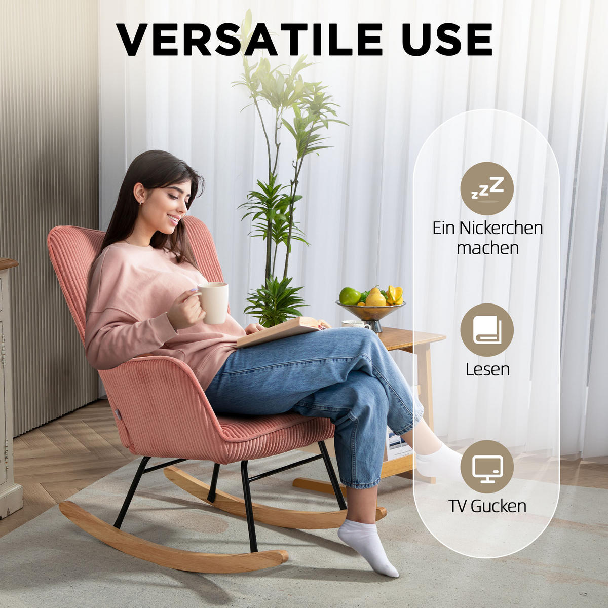 SCHAUKELSTUHL, Schaukelsessel mit Kordoptik, Armlehne für Wohnzimmer, Rosa - Koralle/Rosa, Buchenholz/Textil (98/101/71cm) - HOMCOM