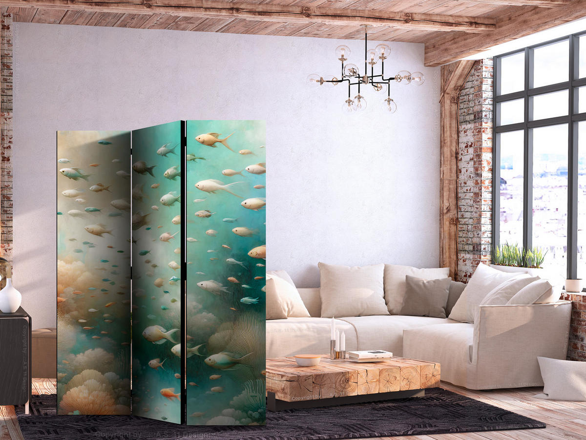 PARAVENT Einseitig Bedruckter 3-tlg 135x172 cm Fische Im Ozean Boho - Multicolor, Holz/Textil (135/172/3cm) - Muralo