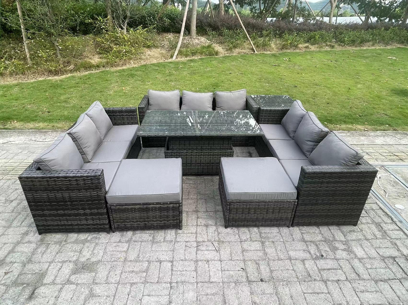 GARTENMÖBEL HÖHENVERSTELLBARER ESSTISCH SET MIT HOCKER Polyrattan Outdoor 11-Sitzer - Dunkelgrau/Grau, Glas/Kunststoff - Fimous
