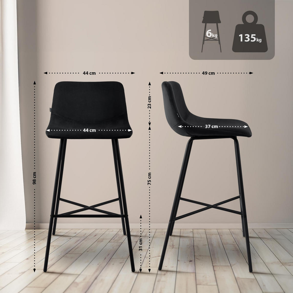 BARHOCKER Samt Schwarz - Schwarz, Textil/Metall (44/98/49cm) - CLP