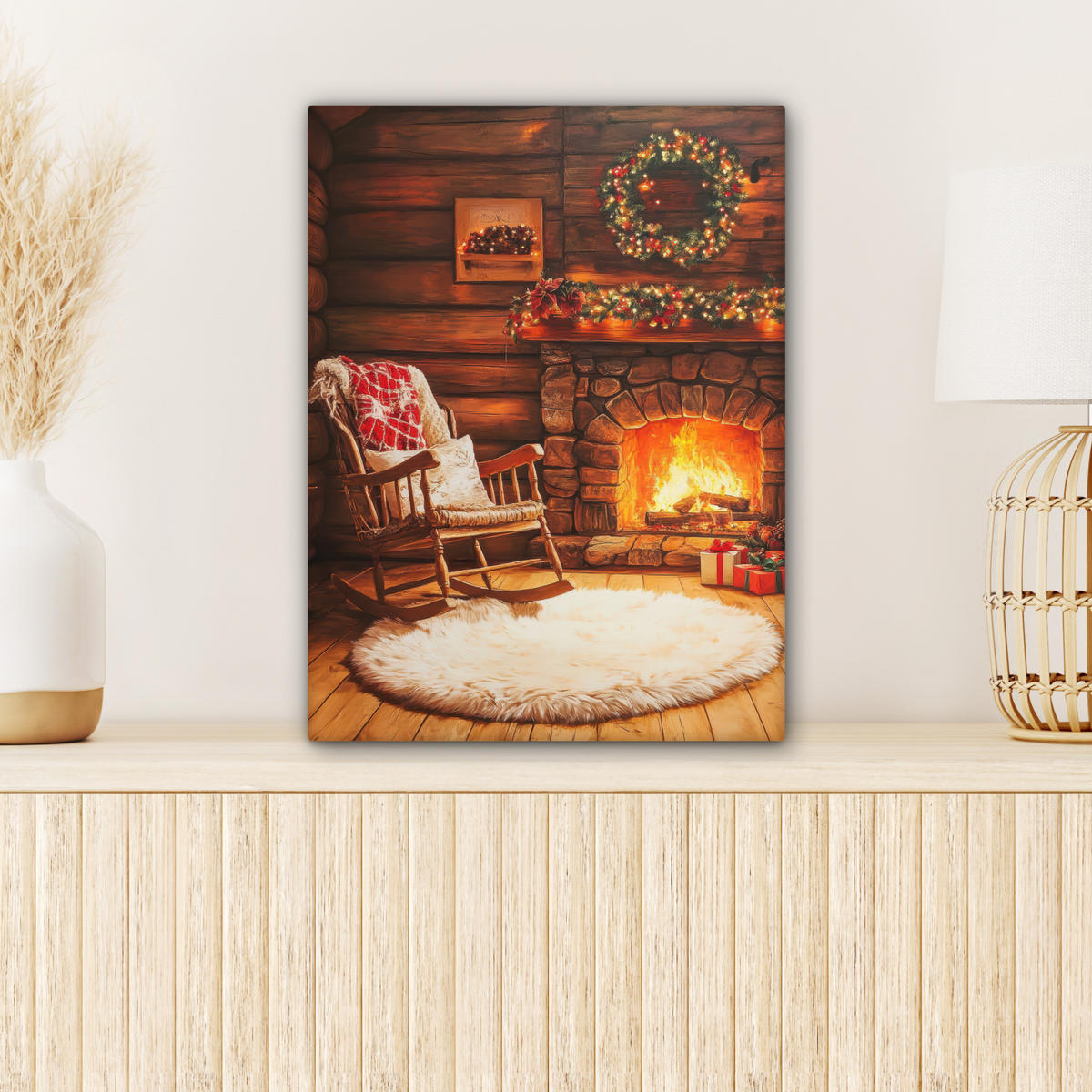 LEINWANDBILD Winter - Weihnachten - Zuhause - Kamin 30x40 cm - Bernsteinfarben, Textil (30/40cm) - MuchoWow