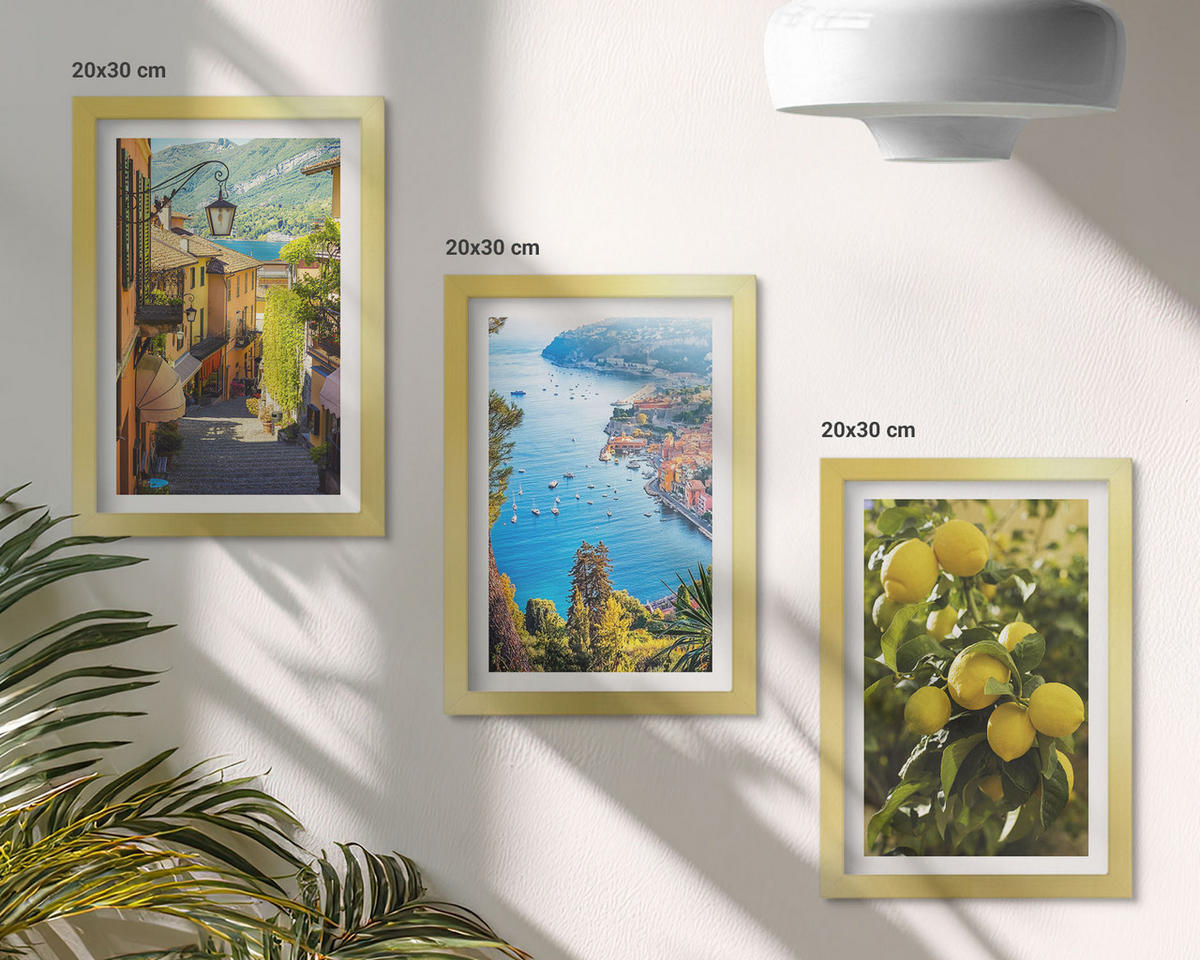 WANDBILDER 3er Set - 20x30 cm Goldrahmen - Straßen am Meer, ein Meer aus Zitronen - Goldfarben, Kunststoff (20/30cm) - ArtPrintCave