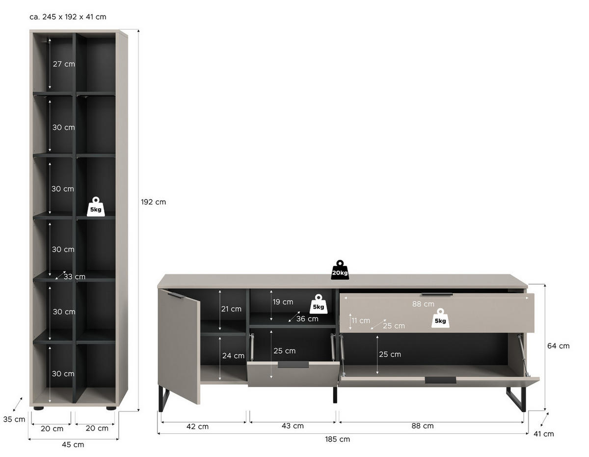 WOHNWAND kaschmir, schwarz 245 cm, Wohnkombination mit Soft-Close-Funktion - Kaschmir/Schwarz, Holzwerkstoff/Kunststoff (245/192/41cm) - Inn.Furn