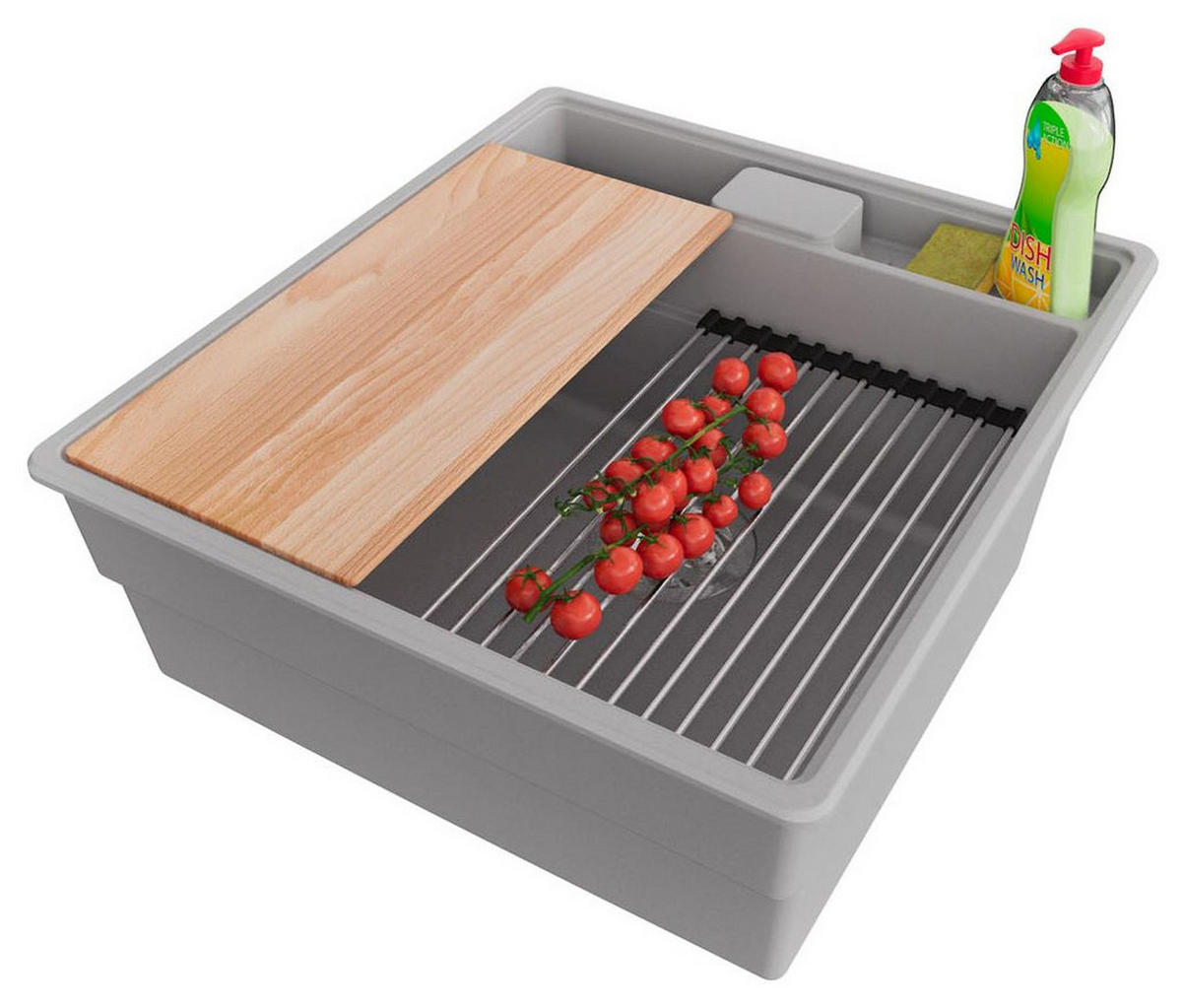 SPÜLBECKEN New York, 2-er set Grau 48/53 cm 1 Becken + Ablauf-Set + Küchenzubehörset ab 50er Unterschrank - Chromfarben/Beige, Kunststoff (48/20/53cm) - Primagran