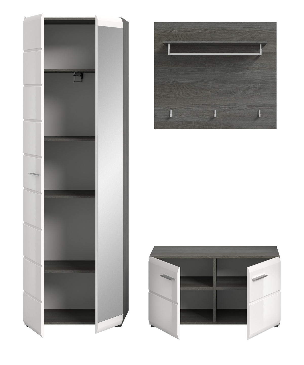 GARDEROBE Set 3-teilig weiß Hochglanz, grau 155 cm, Komplettset mit viel Stauraum - Weiß Hochglanz/Silberfarben, Glas/Holzwerkstoff (155/192/37cm) - Inn.Furn