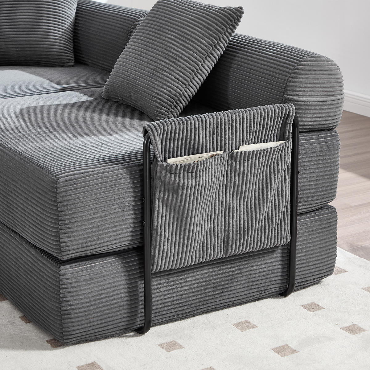 ECKSOFA Cord Dunkelgrau mit Stauraum und Schlaffunktion - Dunkelgrau, Textil/Metall (270/180cm) - WISHDOR