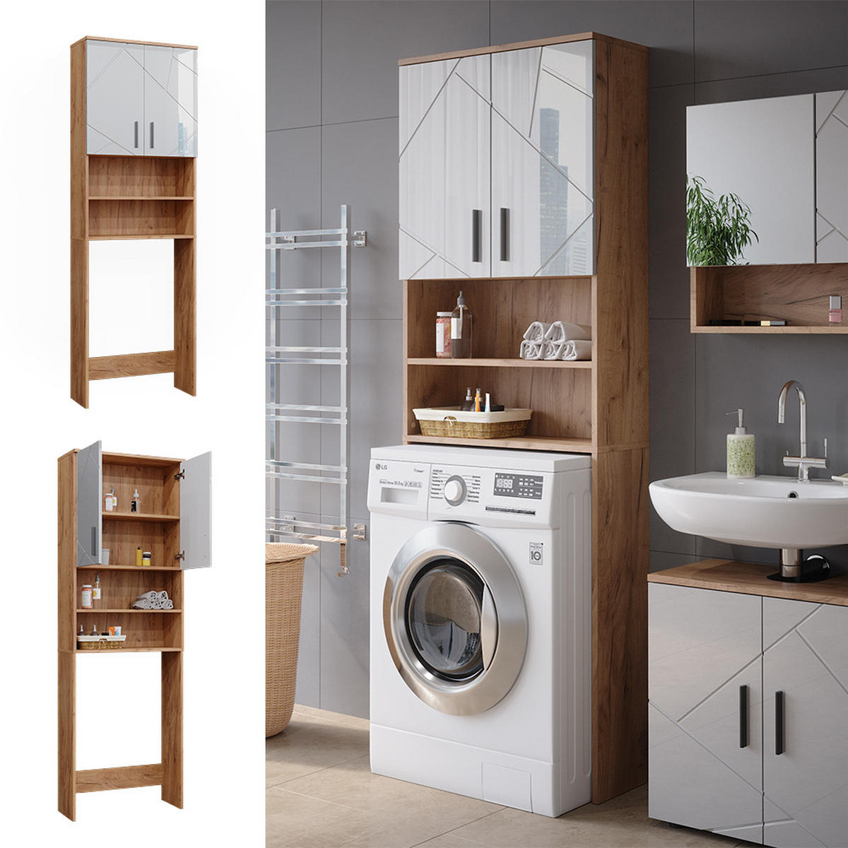 WASCHMASCHINENSCHRANK Irma Weiß Hochglanz/Goldkraft Eiche 64 x 190.5 cm - Weiß Hochglanz/Eiche Wotan, Holzwerkstoff (64/190.5/26cm) - Vicco