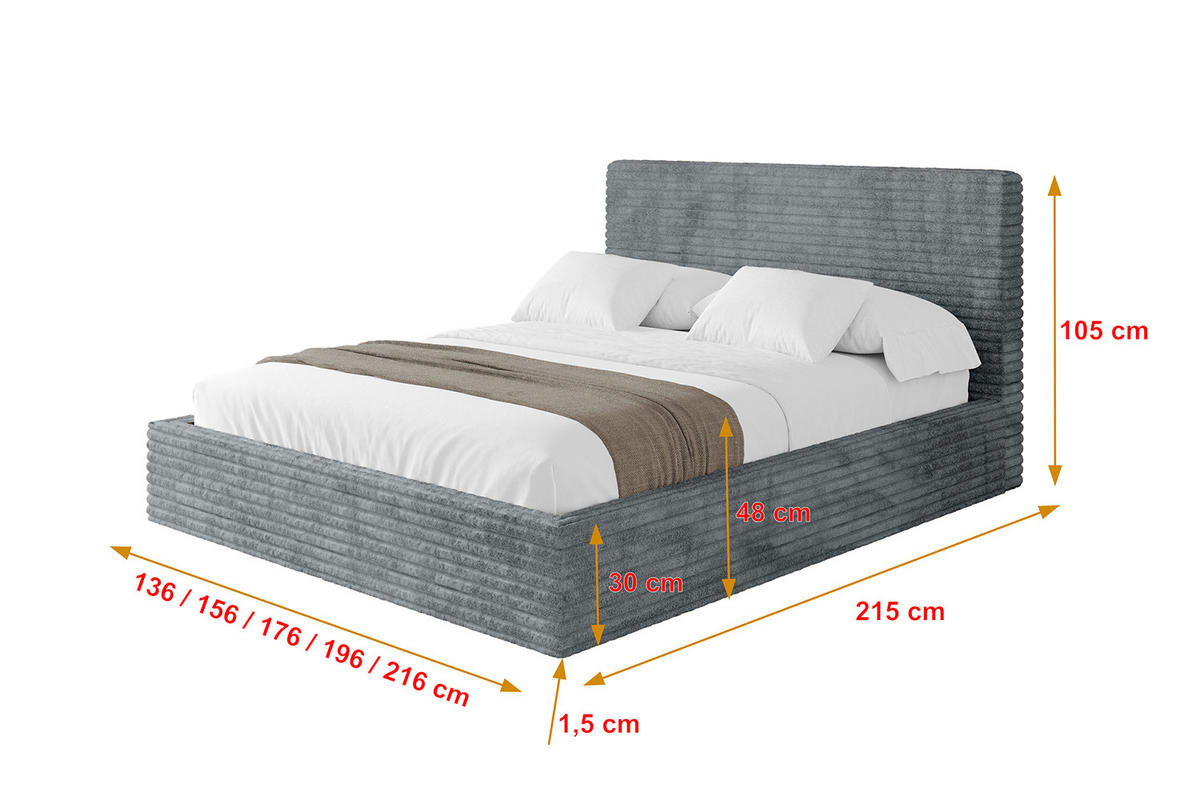 POLSTERBETT mit Bettkasten und Lattenrost, Bett mit Matratze H3/H4 - ALOVA - Dunkelgrau, Holzwerkstoff/Textil (180/200cm) - ALTDECOR