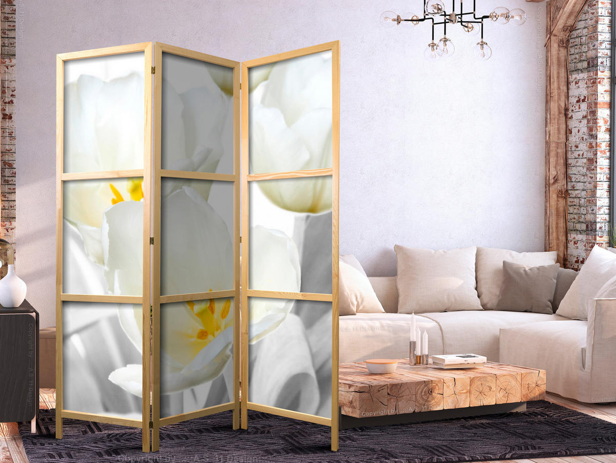PARAVENT Japanischer 3-tlg 135x172 cm Wei e Blumen - Weiß, Holz/Textil (135/172/3cm) - Muralo