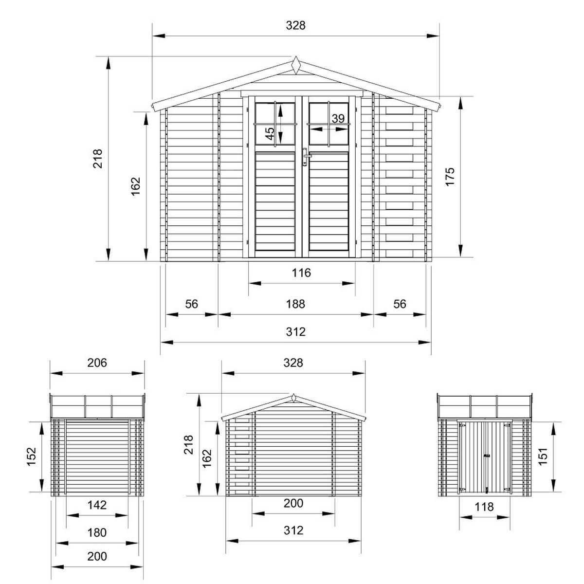 GARTENHAUS aus Holz mit Brennholzschuppen - imprägnierter Boden Imprägnierte - 3,53 + 0,97 + 0,97 m2 - M389F+M389G - Beige, Holz (312/218/206cm) - Timbela