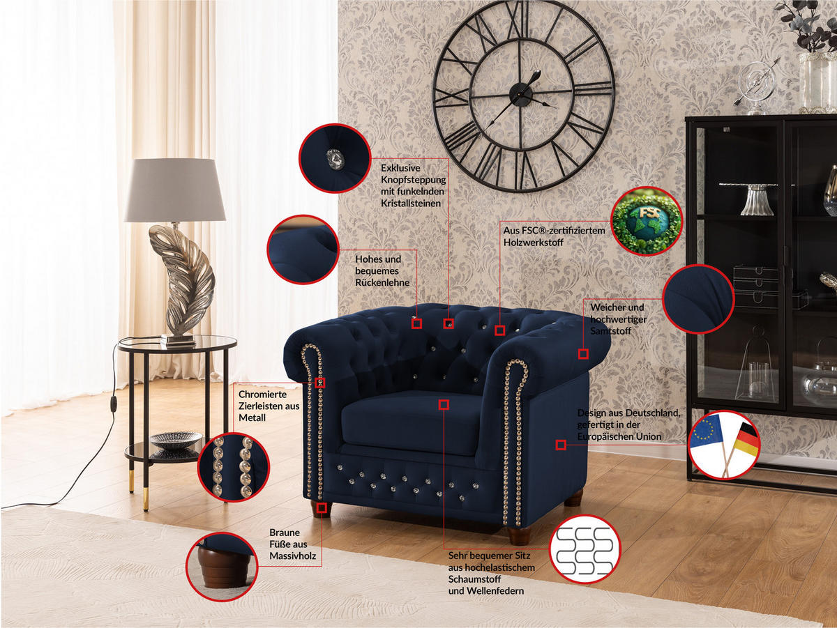 CHESTERFIELD-SESSEL Cleo Blink Marineblau Samt mit Kristallsteppung und braunen Massivholzfüßen - Blau/Beige, Holz/Textil (104/72/86cm) - S-Style Möbel