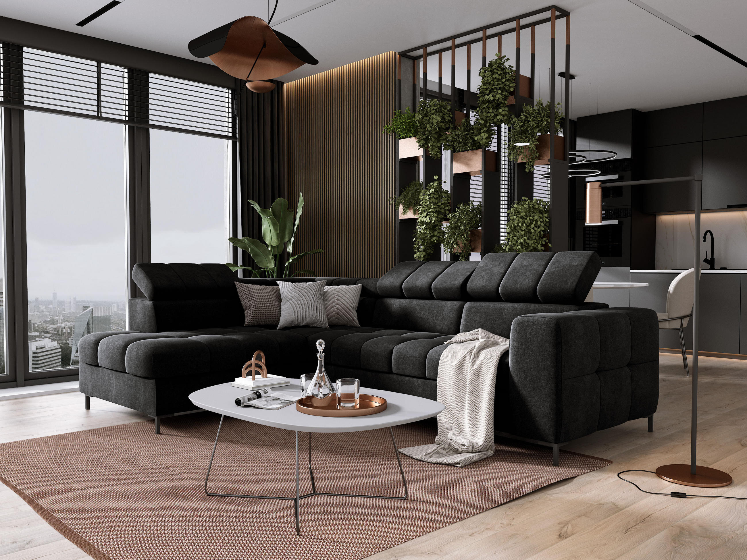 ECKSOFA PABLOS 279x201cm, Schlaffunktion, Stauraum, schwarz, rechts - Dunkelgrau, Holz/Textil (201/279cm) - DomoHome