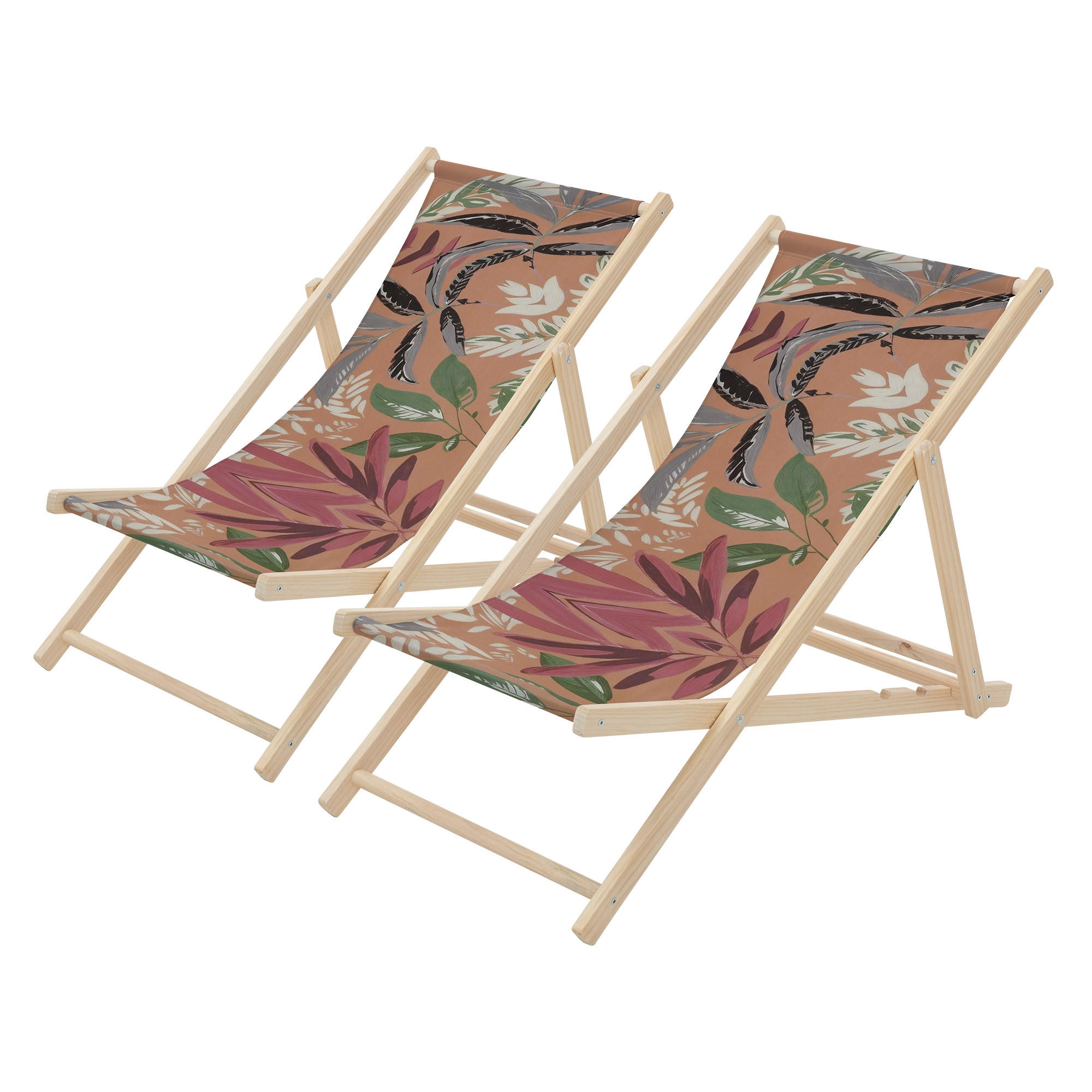 LIEGESTUHL 2er Set Floral Braun-Rot-Grün - Braun, Holz (57.5/83/100cm) - ECD-Germany