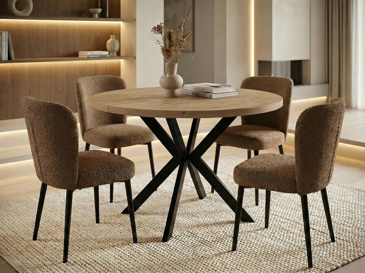 ESSTISCH Valeo runder ausziehbarer, Lancelot Eiche 100-180/100/76 cm - Eichefarben/Schwarz, Holzwerkstoff/Metall (100/100/76cm) - WFL GROUP