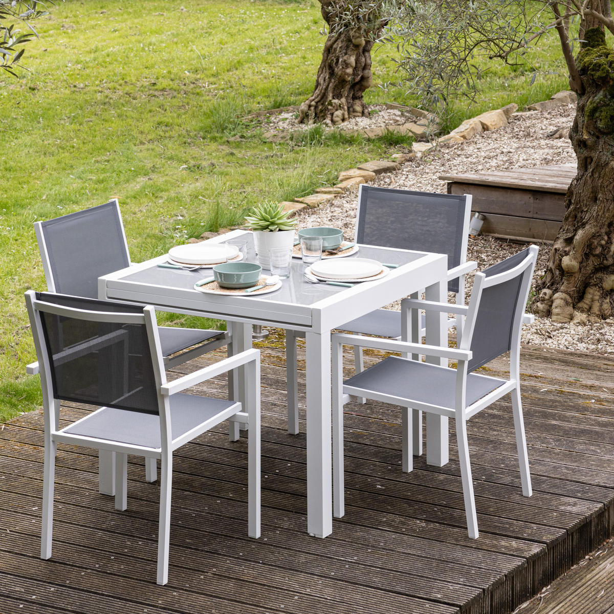 GARTENMÖBEL Lampedusa Grau und weiß 8 Plätze - Weiß, Metall - Happy Garden