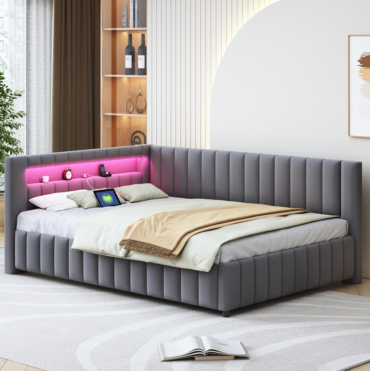POLSTERBETT mit LED-Beleuchtung 140/200 cm in Grau mit Samtbezug und USB - Grau, Textil (140/200cm) - BEAOK