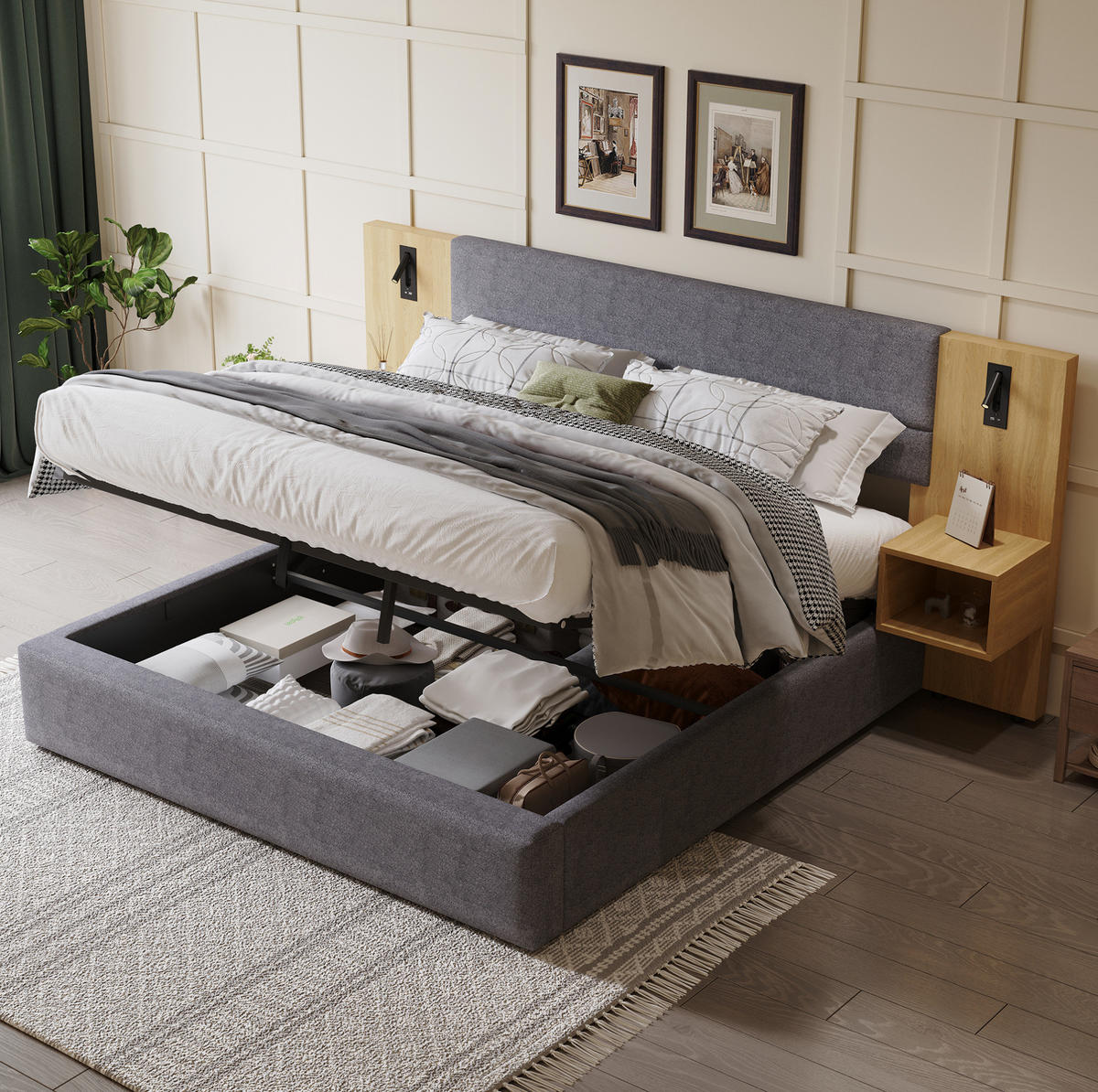BETT mit Stauraum 180x200 cm Samt Grau/Natur inkl. 2 Nachttischen - Grau, Metall (180/200cm) - Meubliv