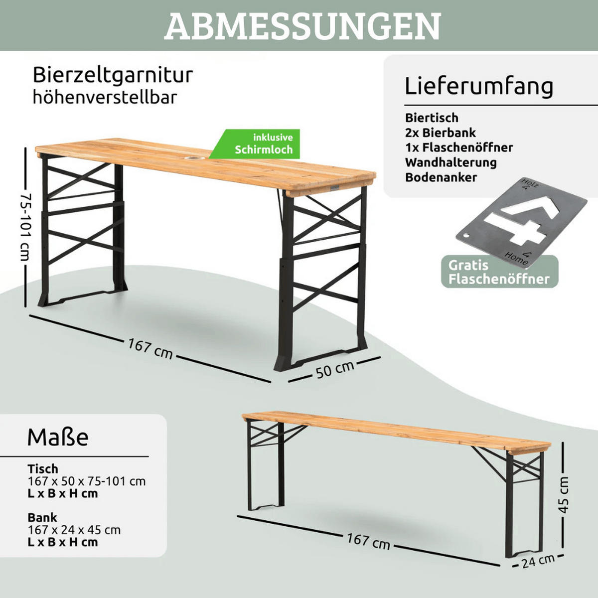 BIERZELTGARNITUR höhenverstellbar 170cm RINHO Bierbank Biertisch - Braun, Holz - DELUKE