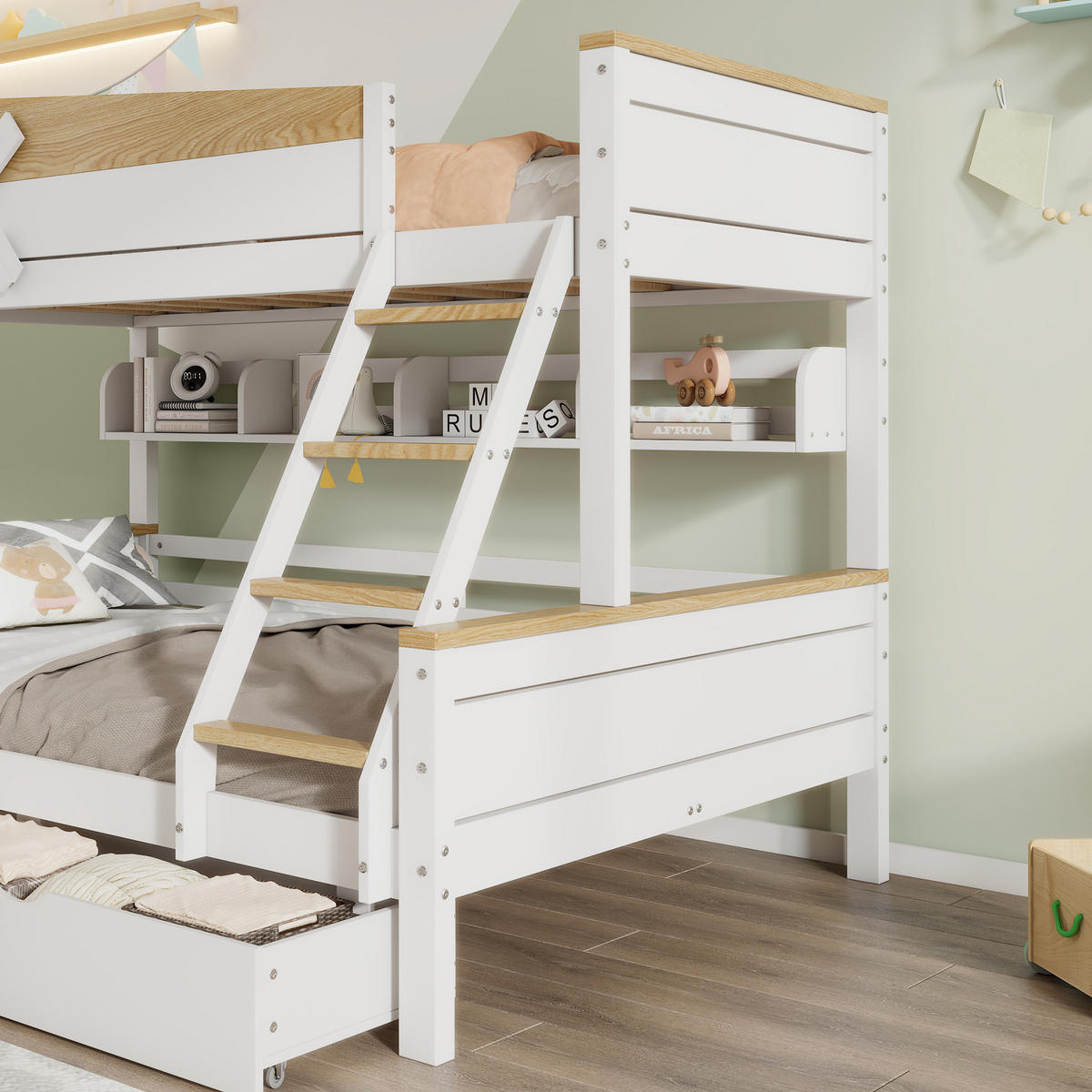 ETAGENBETT 90/200 cm & 140/200 cm mit Regalen und Schubladen in Weiß/Natur - Weiß, Holzwerkstoff (90/200cm) - BEAOK