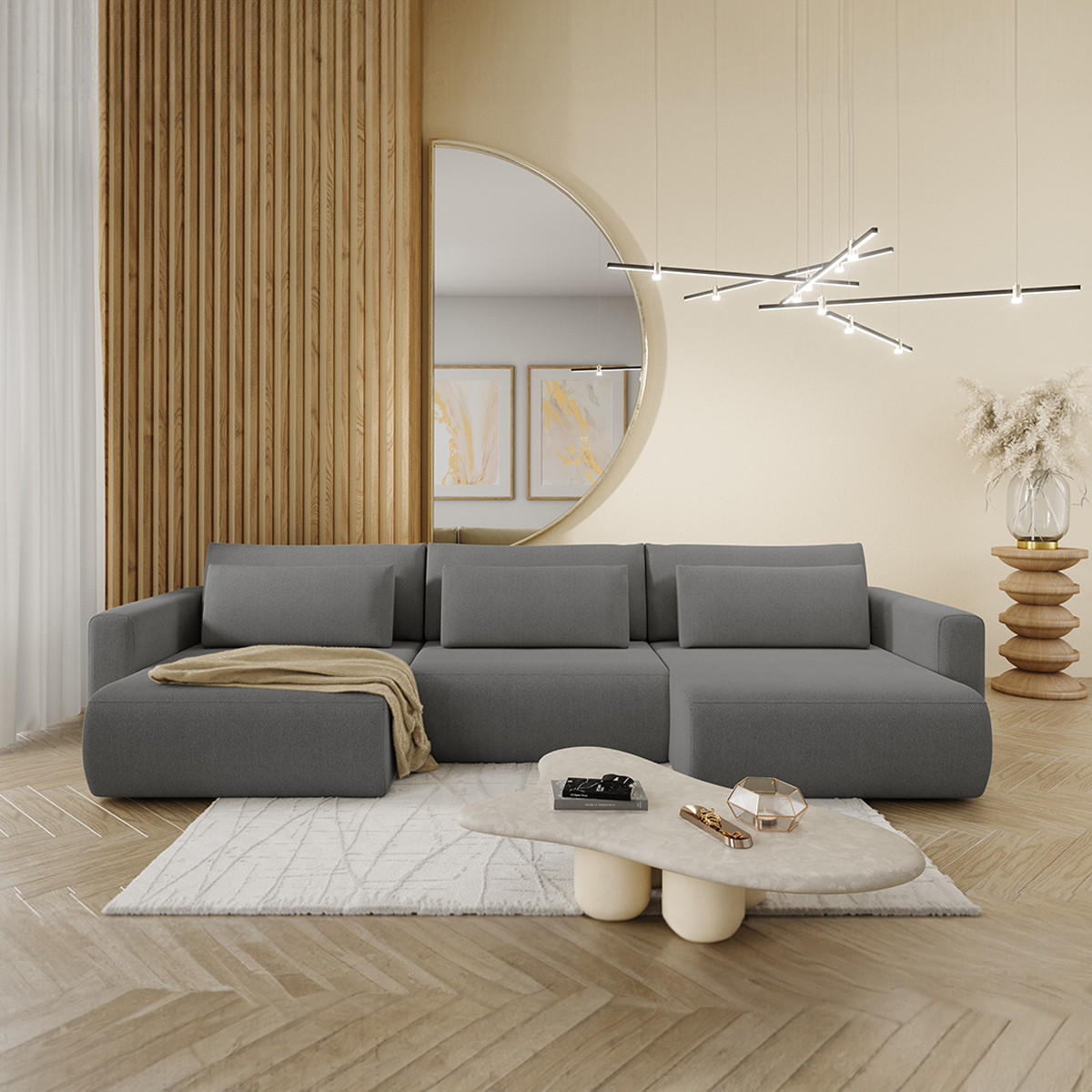 PANORAMASOFA Evy 4 Sitzplätze Grau - Grau, Holz (340/82/149cm) - Petits-meubles