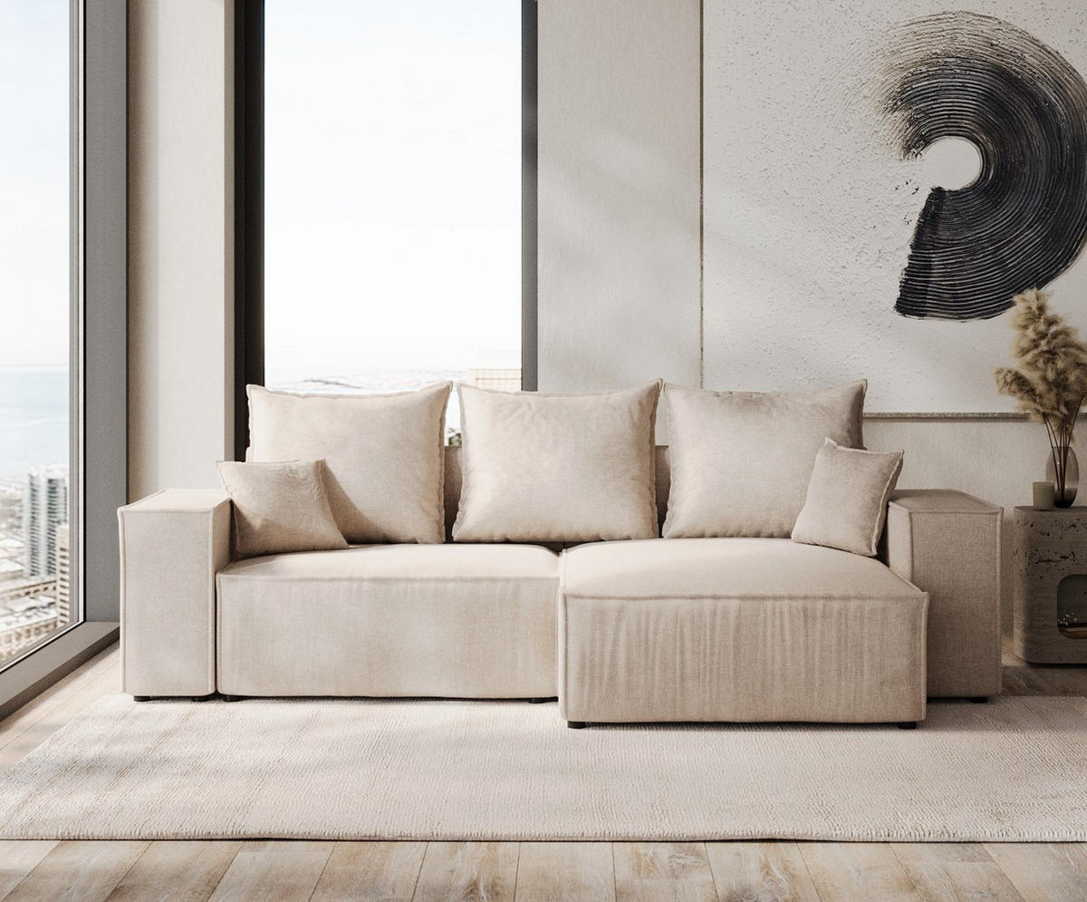 ECKSOFA SENSO mit Schlaffunktion Beige im Wind Stoff - Beige/Schwarz, Holz/Holzwerkstoff (255/148cm) - AltaBeds