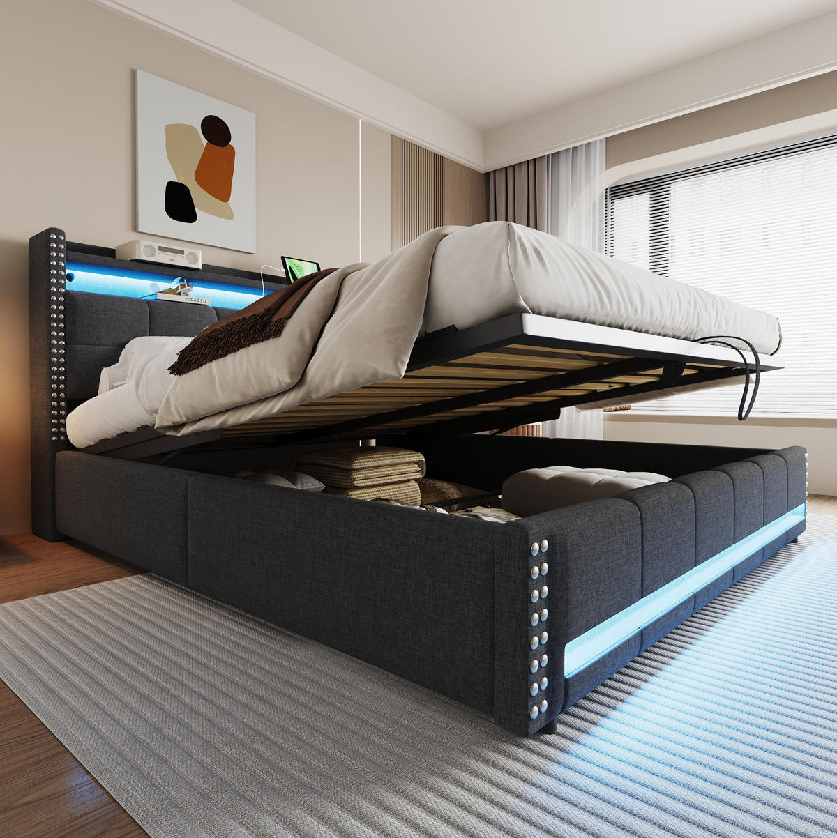 POLSTERBETT 180/200 cm Grau aus Leinenstoff mit LED und Stauraum - Grau, Textil (180/200cm) - OKMYHOME