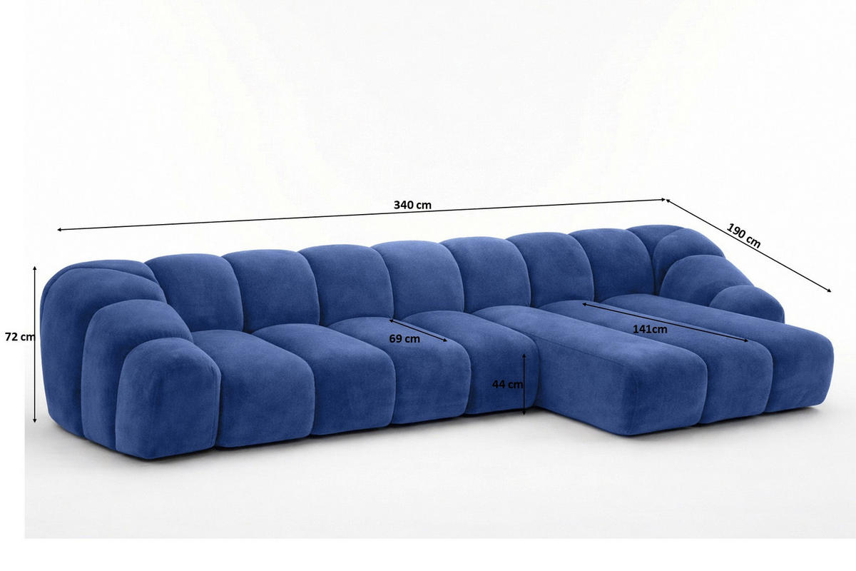 ECKSOFA Modulare L-Form, Veloursstoff Bluvel, Tintenblau, Rechts, CROISSANT XL - Blau, Holz (340/190cm) - Kaiser Möbel