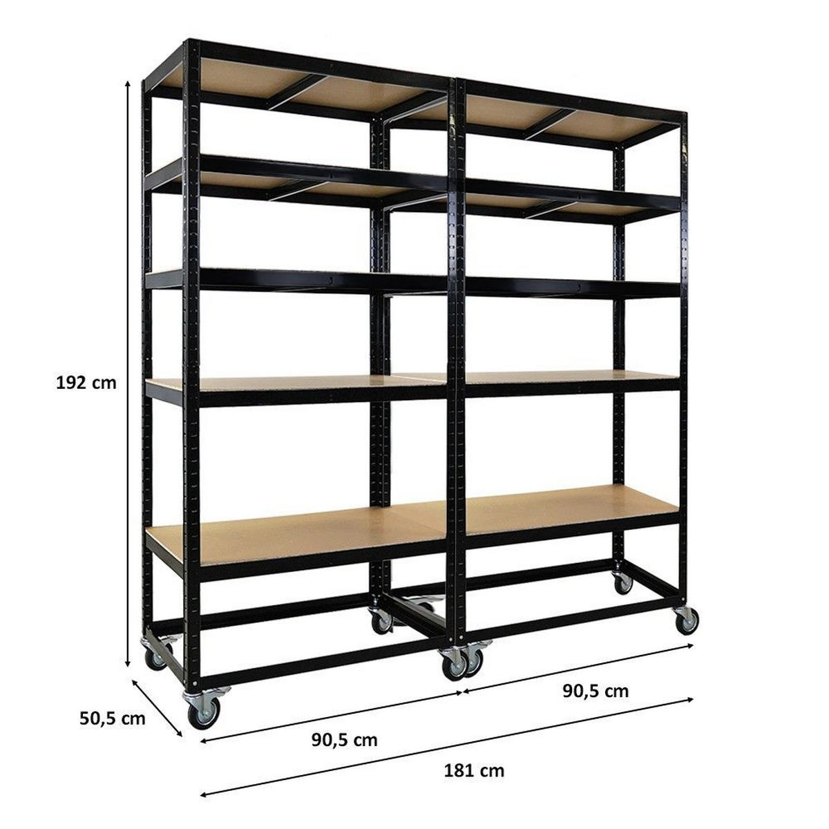 KOMMISSIONIERWAGEN 2er Set BÜFFEL 190x90x50cm 5 Ebenen Fachlast 50kg 2X Lenkrollen & 2X Lenkrollen mit Feststellbremse Schwarz - Schwarz, Metall (180/190/50cm) - PROREGAL
