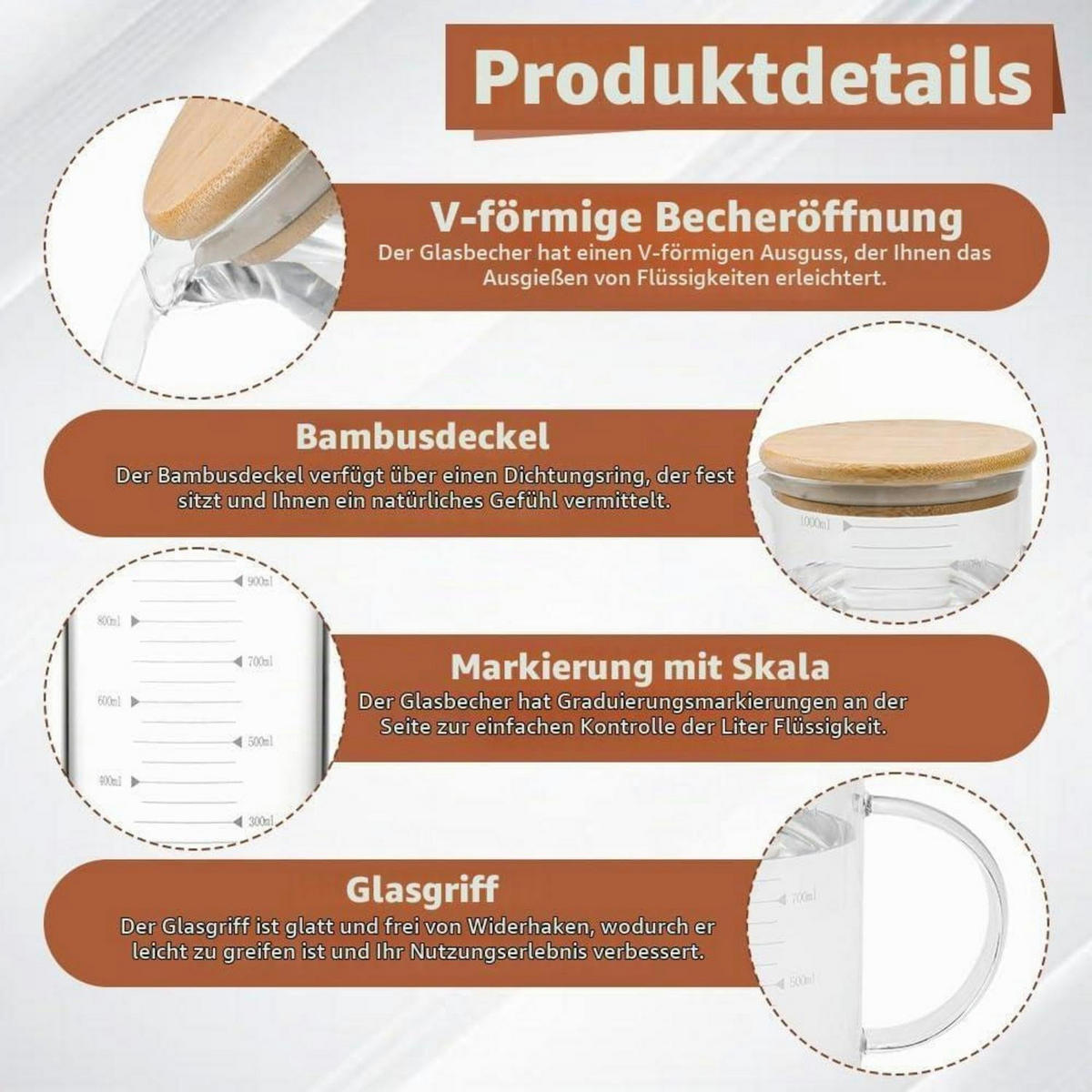 MESSBECHER Glas 1000 ml mit Bambusdeckel - Transparent, Glas (1L)
