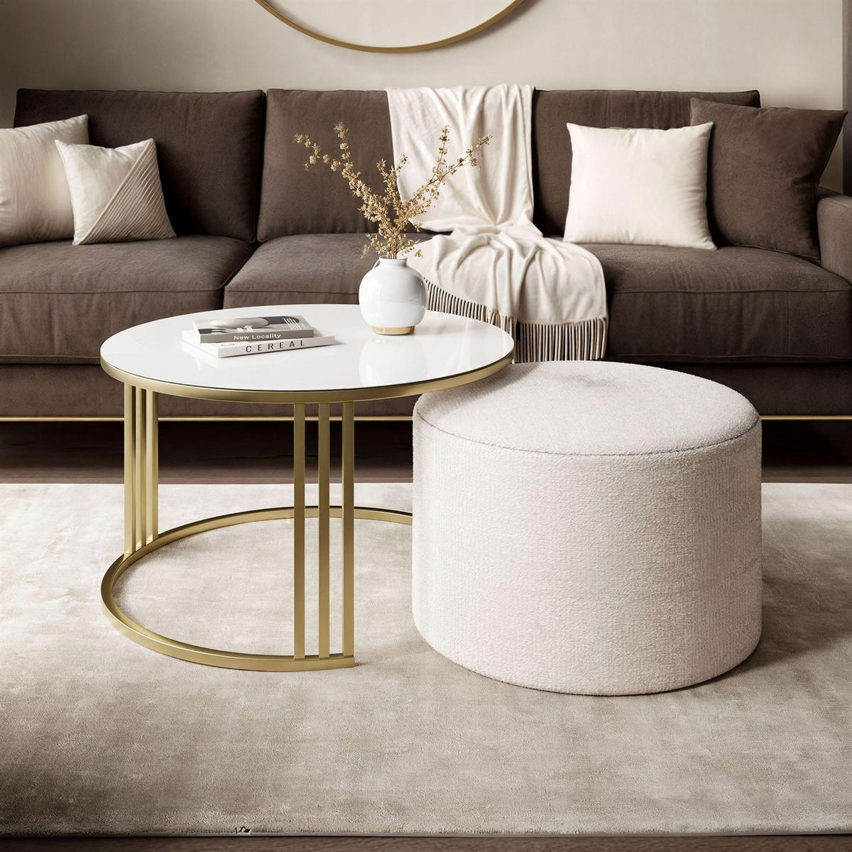 COUCHTISCH mit Hocker LORI GLASS gebürstetes Gold/weißes Glas/Perfect Harmony 01 - Schwarz, Metall (70/70/49cm) - Lookway