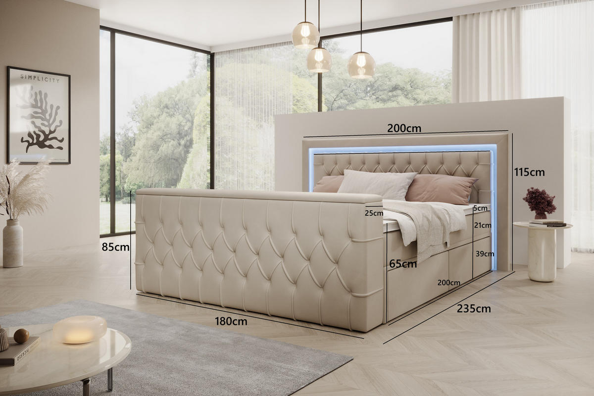 BOXSPRINGBETT Arosa TV mit Schubladen und Topper, TV-Lift, LED Beleuchtung, Samt, 180x200 cm, Grau - Grau, Holz - PROMETO Möbel