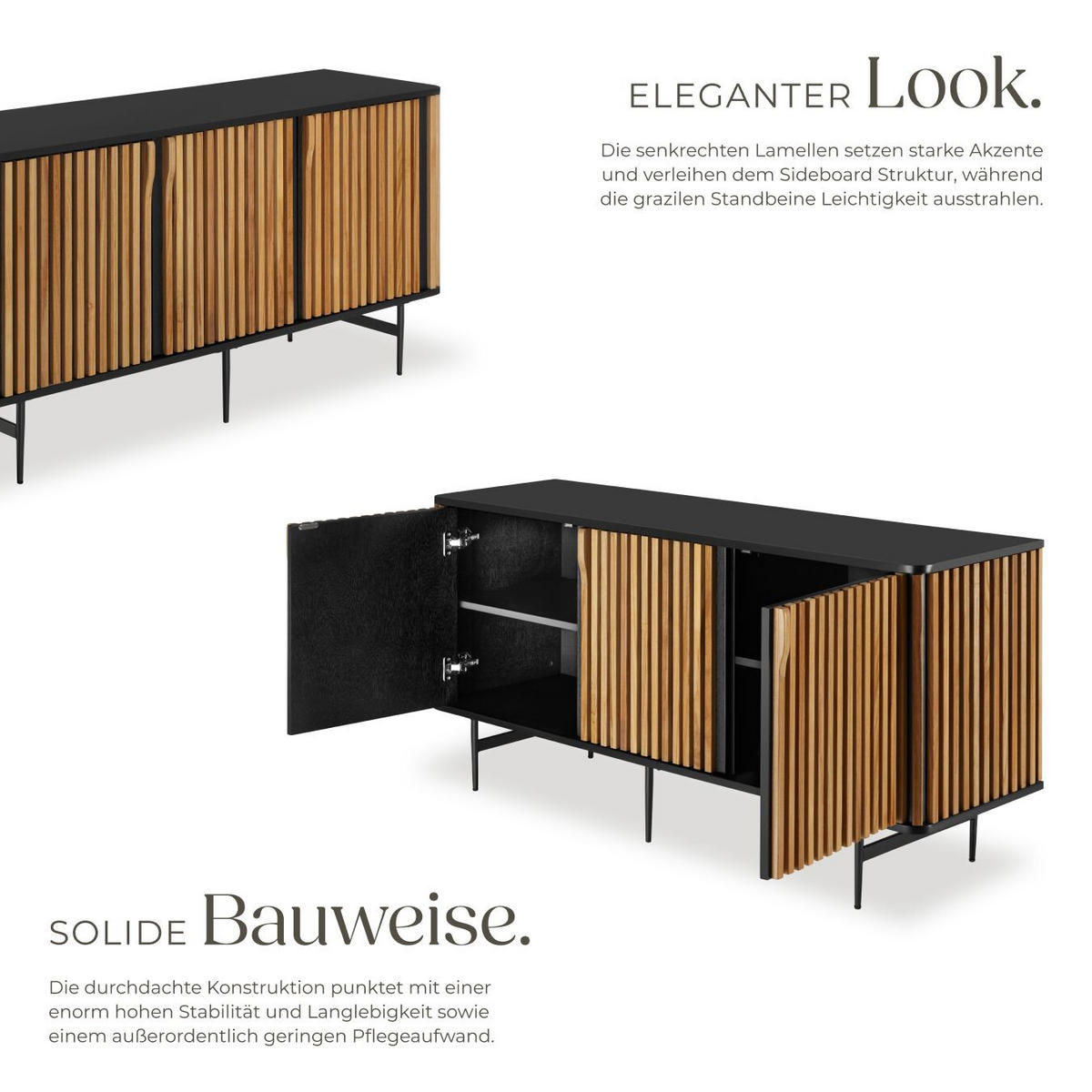 SIDEBOARD Lineo,156 x 45,5 x 74 cm, höhenverstellbare Füße,schwarz/braun - Schwarz/Braun, Holz (156/74/45.5cm) - tectake
