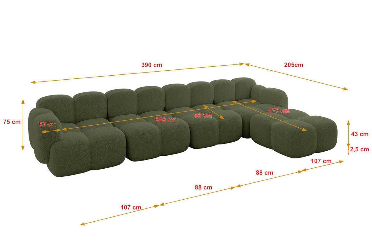 ECKSOFA modulares Sofa Rechts Miko-L3 390x205x75 Grün Bouclé - Smaragdgrün/Schwarz, Holzwerkstoff/Kunststoff (390/205cm) - ALTDECOR