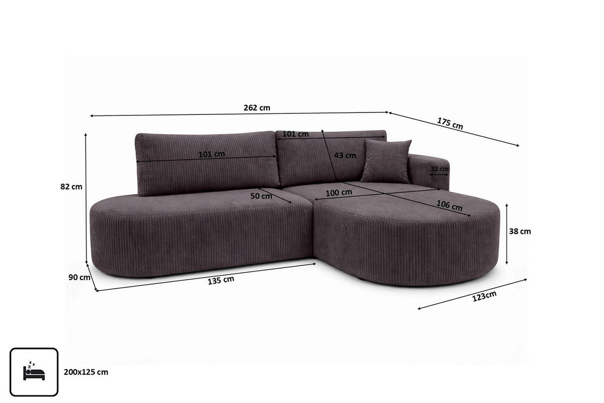 ECKSOFA Mit Schlaffunktion Und Bettkasten, Cordstoff Poso, Dunkelgrau, Rechts, ROUND ONE OPEN XL - Dunkelgrau, Holz (262/175cm) - Kaiser Möbel