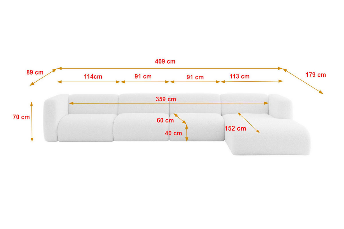 ECKSOFA Ottomane Rechts MIRA-L3 409x179x70 Weiß Bouclé - Schwarz/Weiß, Holzwerkstoff/Kunststoff (409/179cm) - ALTDECOR