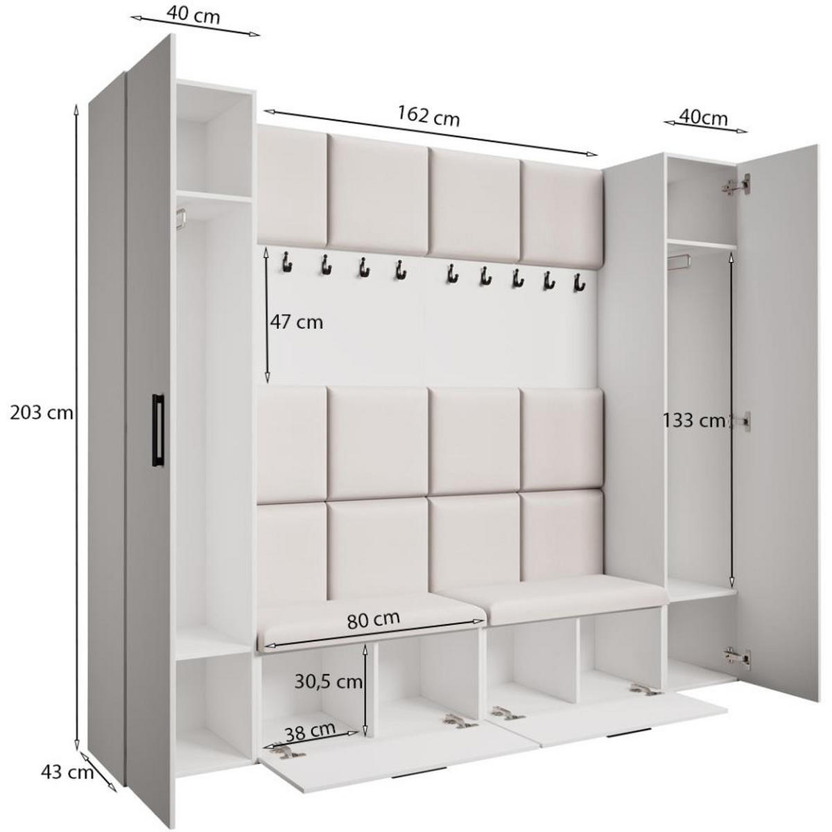 GARDEROBE Margaret XL 242/203/43 mit gepolsterten Paneelen und Schuhschrank - Kaschmir/Schwarz, Holzwerkstoff/Kunststoff (242/203/43cm) - Beautysofa