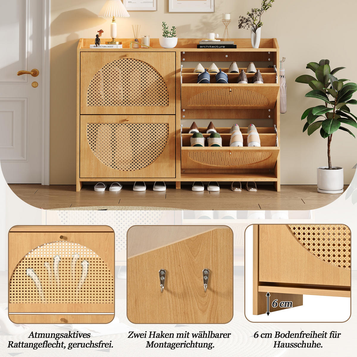 SCHUHSCHRANK in Naturfarben mit 4 Kipptüren mit 8 Fächern für Flur, B120/T24/H90 cm - Naturfarben, Holzwerkstoff (120/90/24cm) - STILVORA