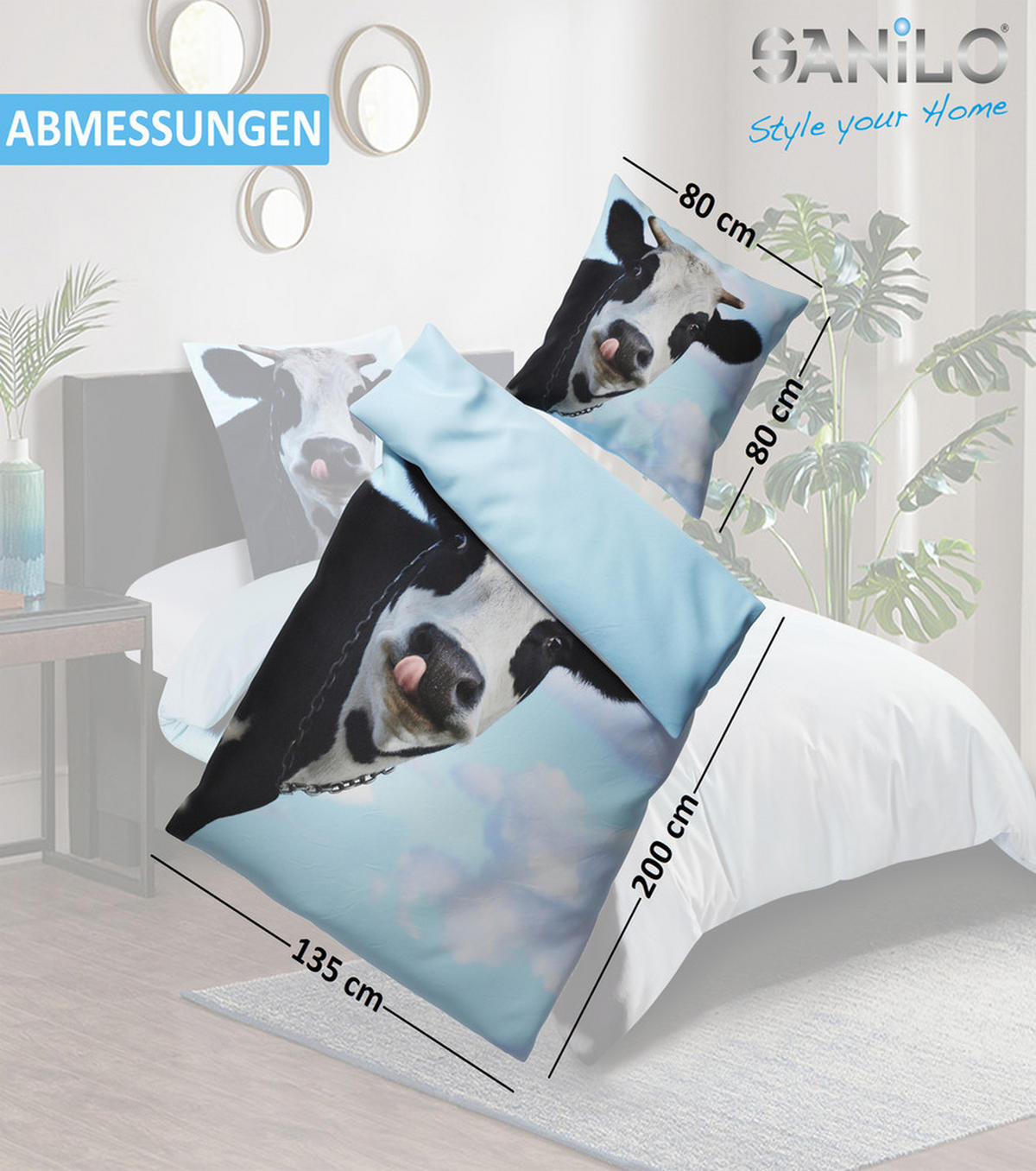 BETTWÄSCHE 2-teilig Kuhkopf - Blau, Naturmaterialien (135/200cm) - Sanilo