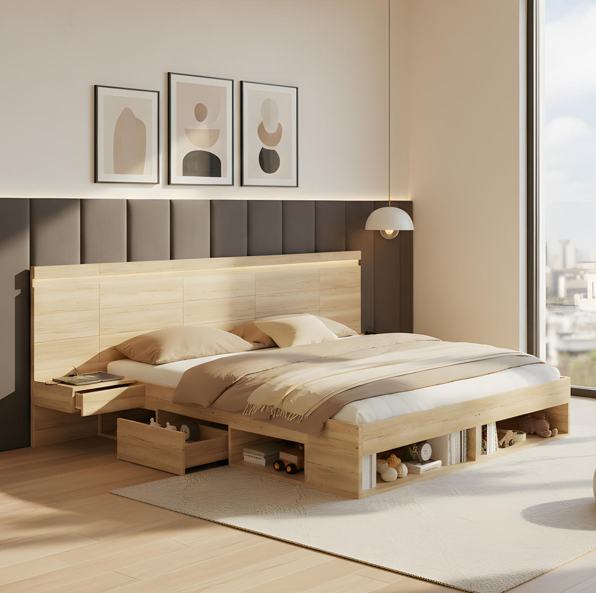 ČALOUNĚNÁ postel 180/200 cm z MDF, přírodní, s úložným prostorem, LED osvětlením a USB nabíjením - přírodní, kompozitní dřevo (180/200cm) - BEAOK