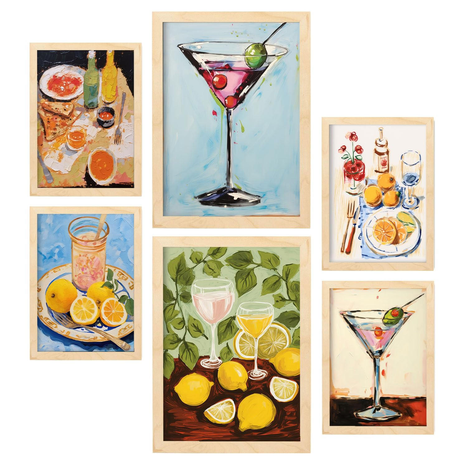 POSTER Set Mit 6 Getränke und Speisen A3 & A4 Rahmen Aus Hellem Holz - Beige, Papier (29/3cm) - Nacnic