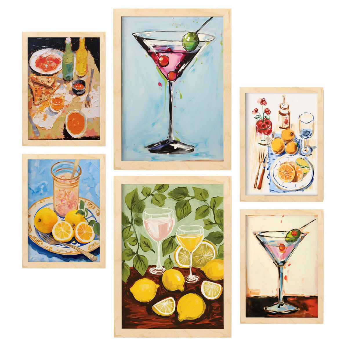 POSTER Set Mit 6 Getränke und Speisen A3 & A4 Rahmen Aus Hellem Holz - Beige, Papier (29/3cm) - Nacnic