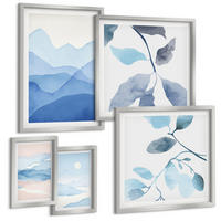 BILDER SET 5er Set - 50x50 cm & 20x30 cm & 40x60 cm Silberner Rahmen - Berglandschaften, Aquarellpflanzen - Silberfarben, Kunststoff (40/60cm) - TULUP