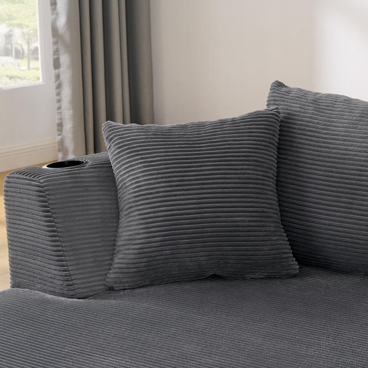 3-SITZER ECKSOFA Cord Grau mit Getränkehaltern und Kissen - Grau, Textil (264/168cm) - WISHDOR