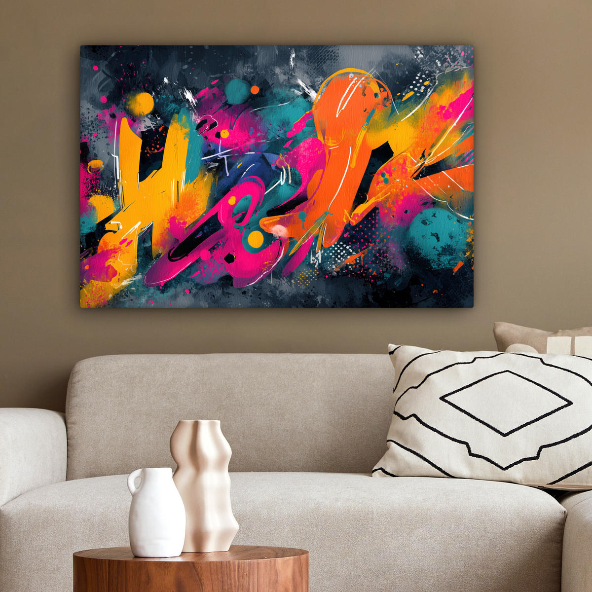 LEINWANDBILD Abstrakt - Graffiti - Farbenfroh - Farbspritzer Wanddeko 90x60 cm - Multicolor, Textil (90/60cm) - MuchoWow