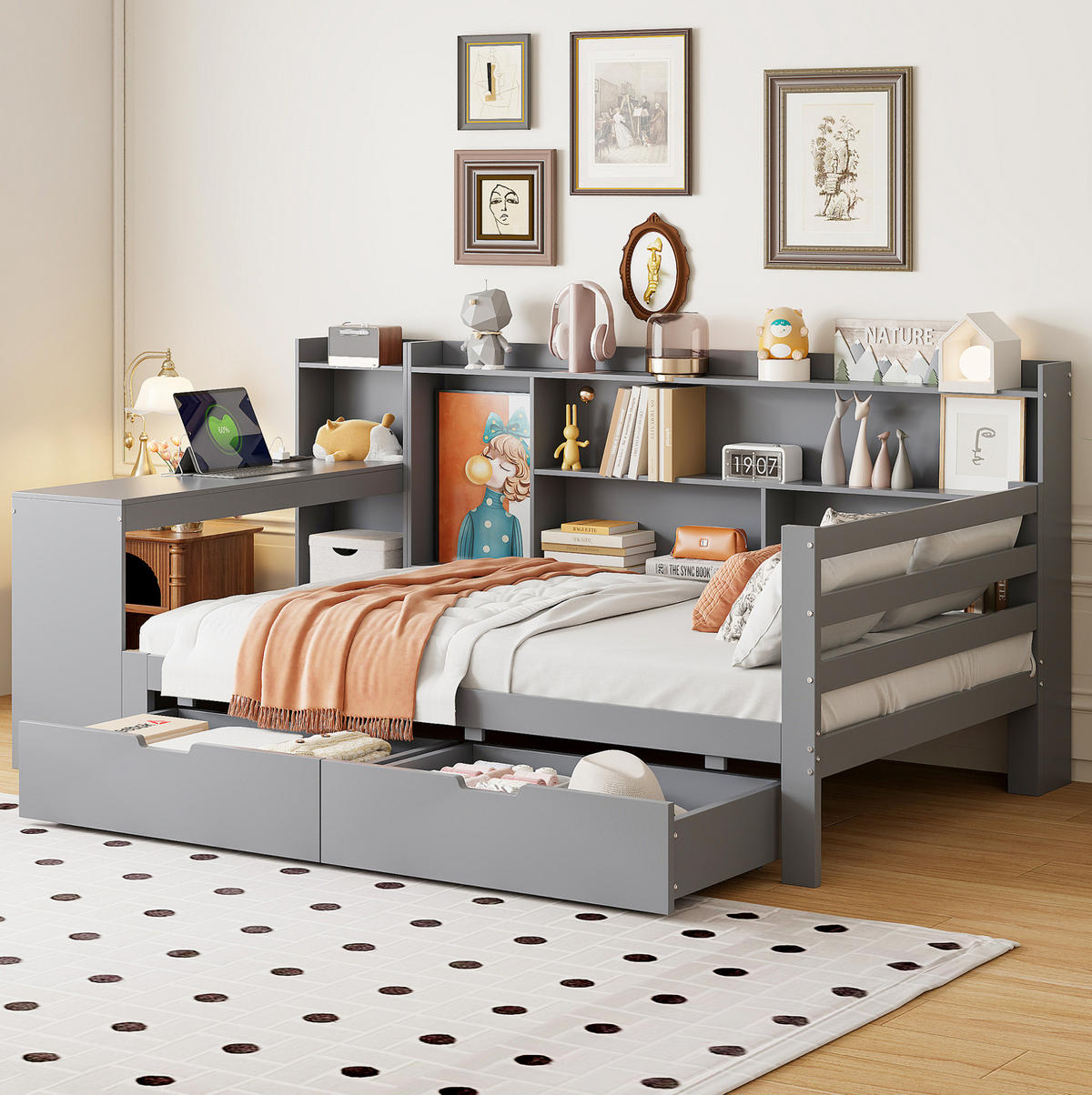 SCHLAFSOFA 90/200 cm mit Schreibtisch, Regalen, 2 Schubladen und USB-Steckdose, Grau - Grau, Holzwerkstoff (245.5/100/114.5cm) - Redom